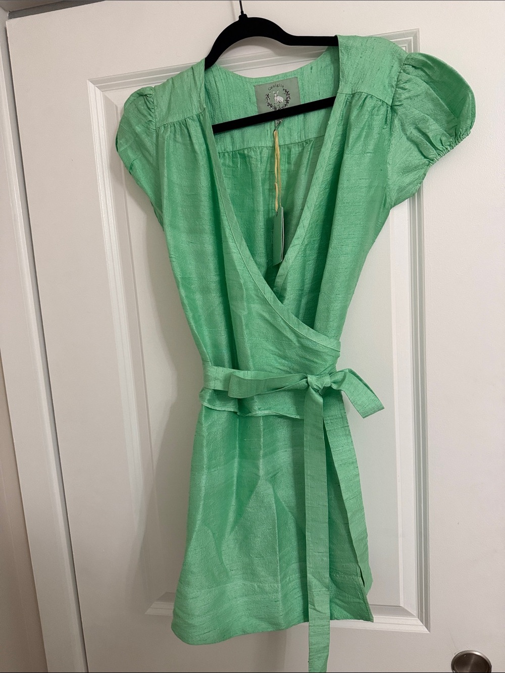 Coniglio Palm Beach Mint Green Wrap Dress with Tie Waist in Silk Dupioni